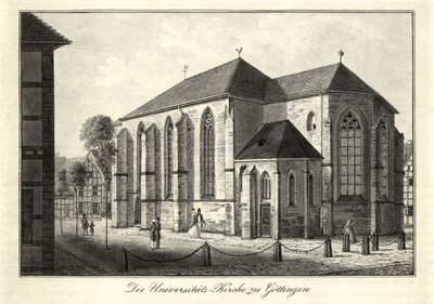 Gezicht op de Nikolaikerk en het Nikolaikerkhof in Göttingen vanuit het zuidoosten, sinds 1822 gebruikt als universiteitskerk door Friedrich Besemann